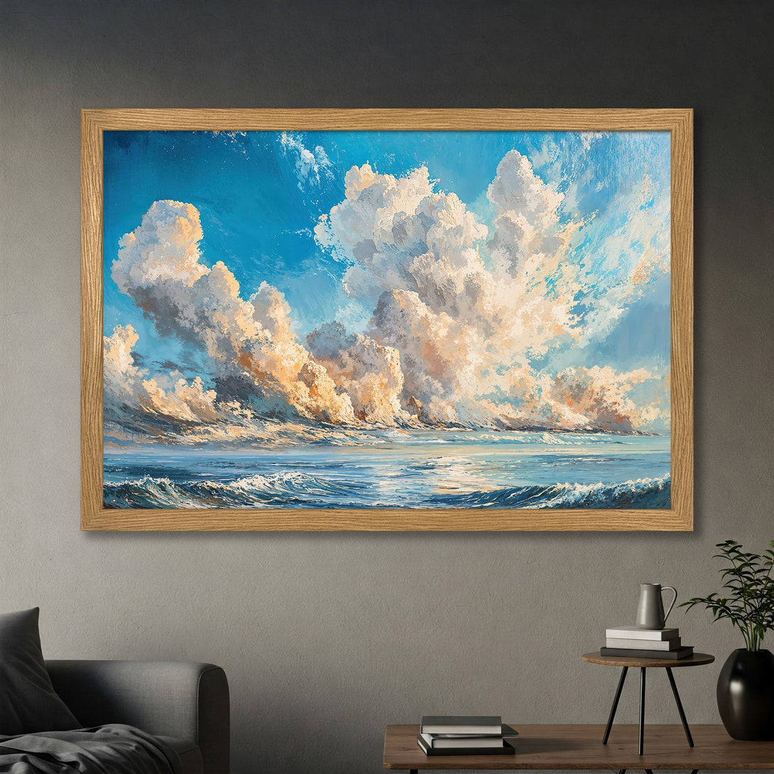 Framed Poster of a seascape painting in a vibrant blue and gold color palette. Perfect wall art for a coastal vibe.