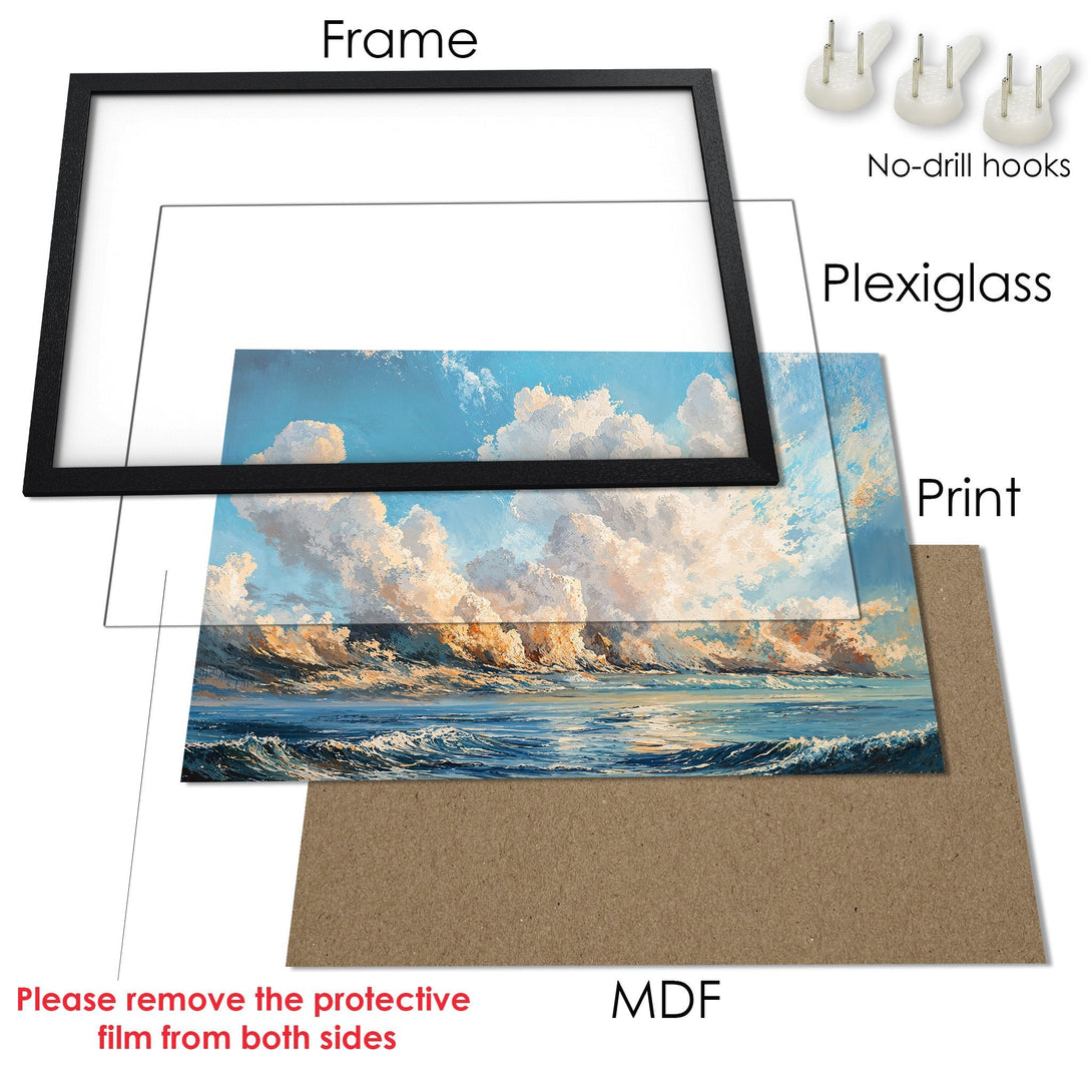 Framed Poster of a seascape with a blue, white, and gold color palette. Perfect wall art for any room.