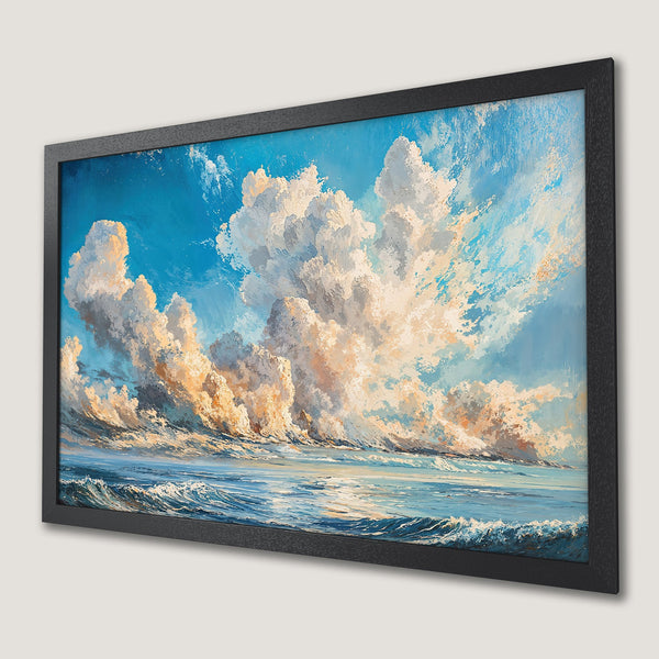 Framed Poster featuring a seascape with dramatic clouds, painted in a vibrant blue, white, and gold palette. Add coastal art to your home!
