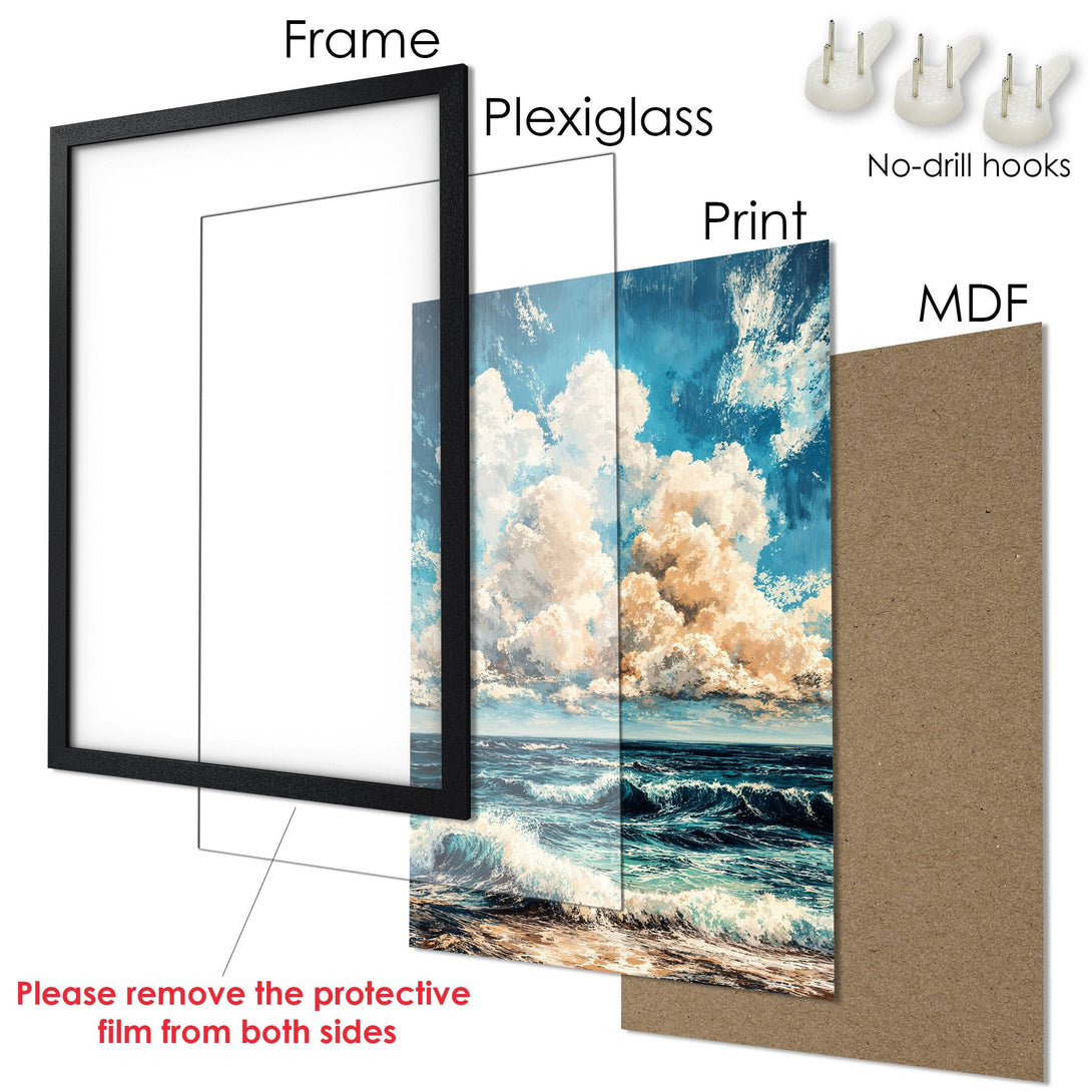 Framed Poster of a seascape with blue, white, and beige tones. Perfect art for your home! Easy to hang with included hooks.