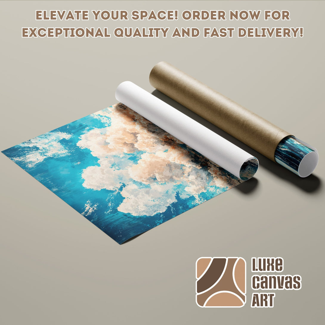 Poster Roll featuring an abstract sky art print, with blue, white, and beige tones. Elevate your space with this stunning poster!