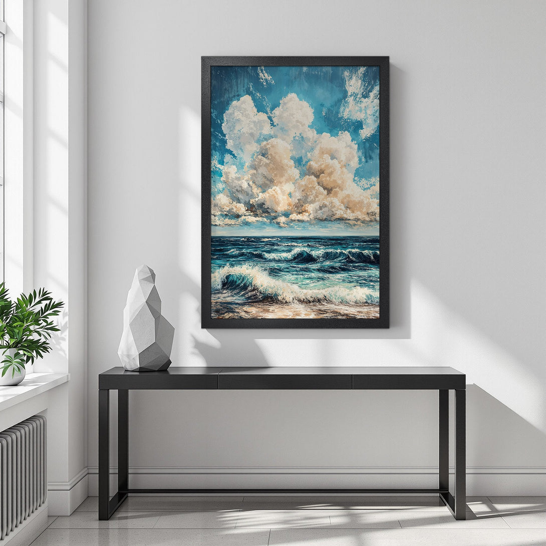 Framed Poster: Ocean waves art print in blue and beige, perfect for coastal decor. Enhance your space with this stunning poster!