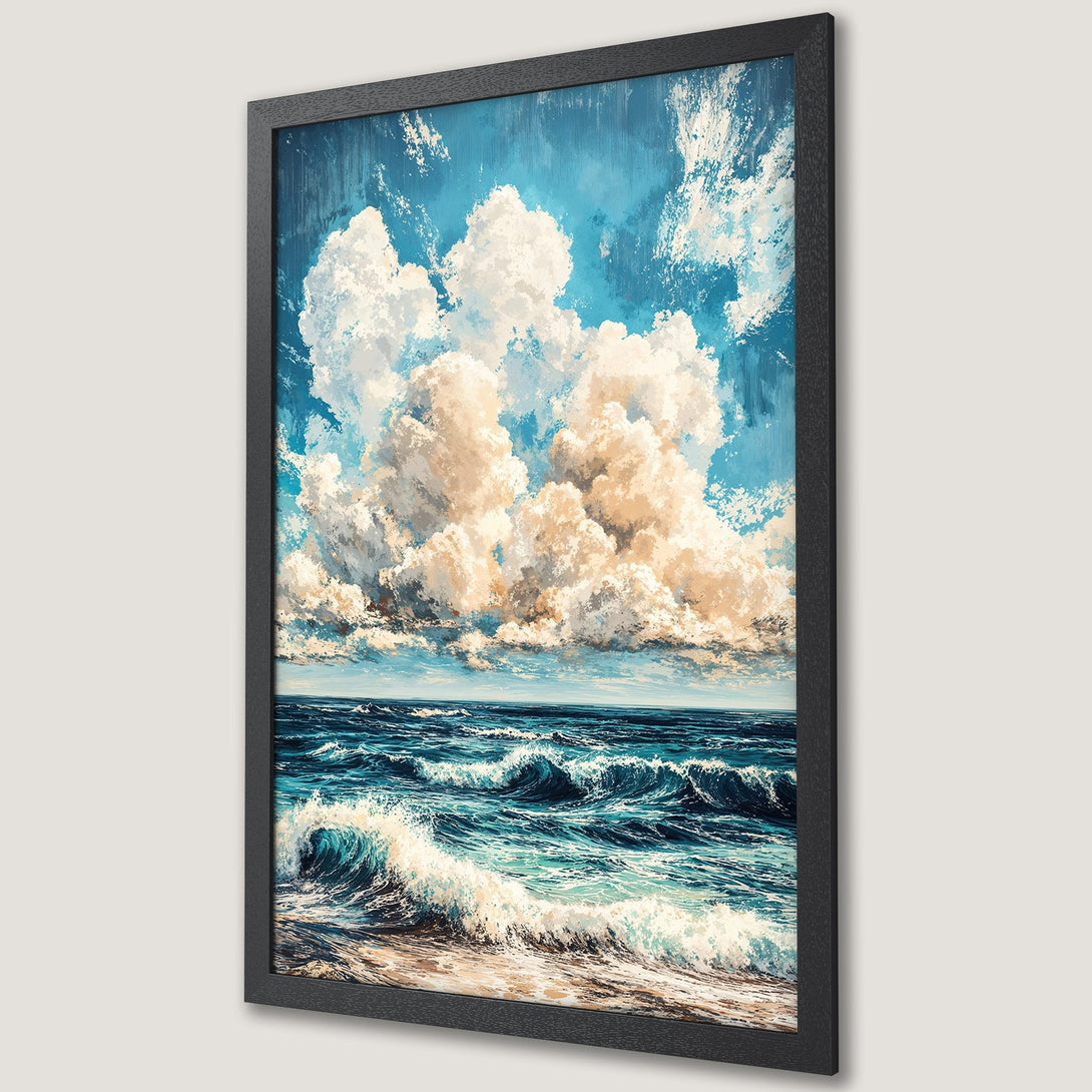 Framed Poster of ocean waves under a cloudy sky in a vibrant blue and white palette. Perfect coastal wall art.