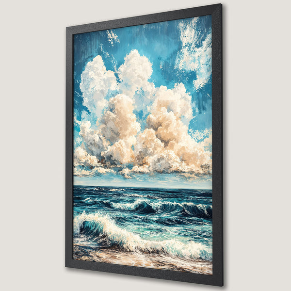 Framed Poster of ocean waves under a cloudy sky in a vibrant blue and white palette. Perfect coastal wall art.