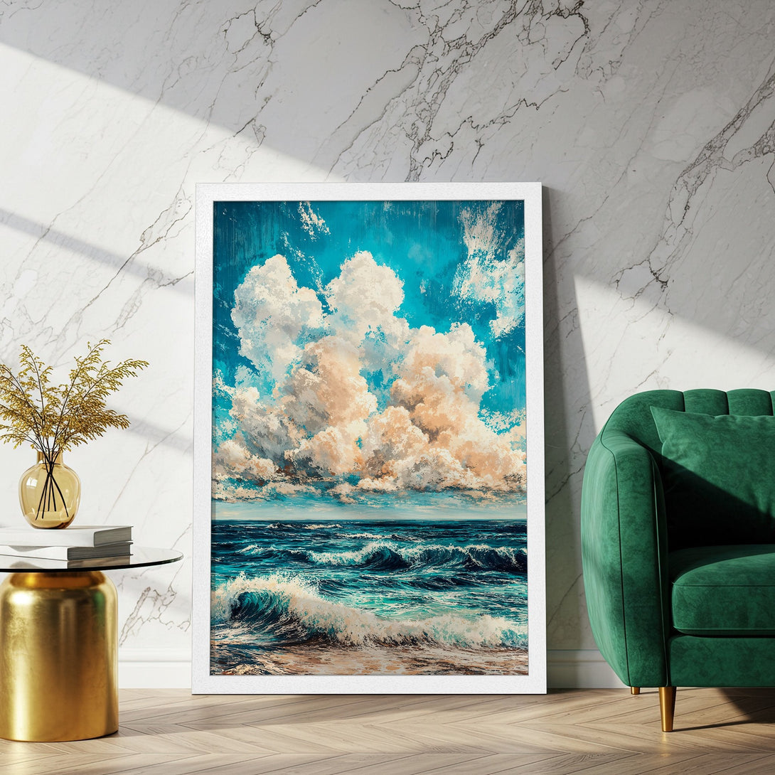 Framed Poster: Ocean waves art print in blue, teal, and white. Perfect coastal decor for your home.