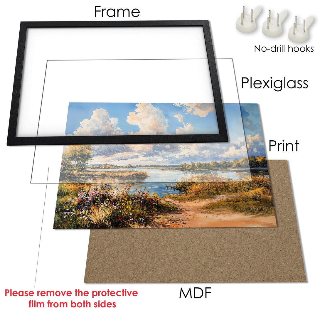 Framed Poster featuring a serene landscape painting in warm earth tones and blue sky. Perfect wall art for any room!