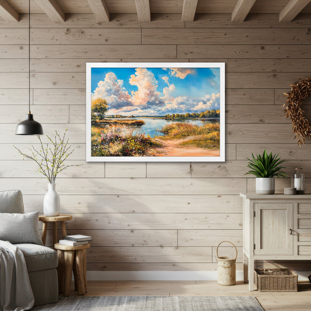 Framed Poster of a serene landscape painting with a blue sky, impressionistic style, and warm color palette. Perfect home decor!