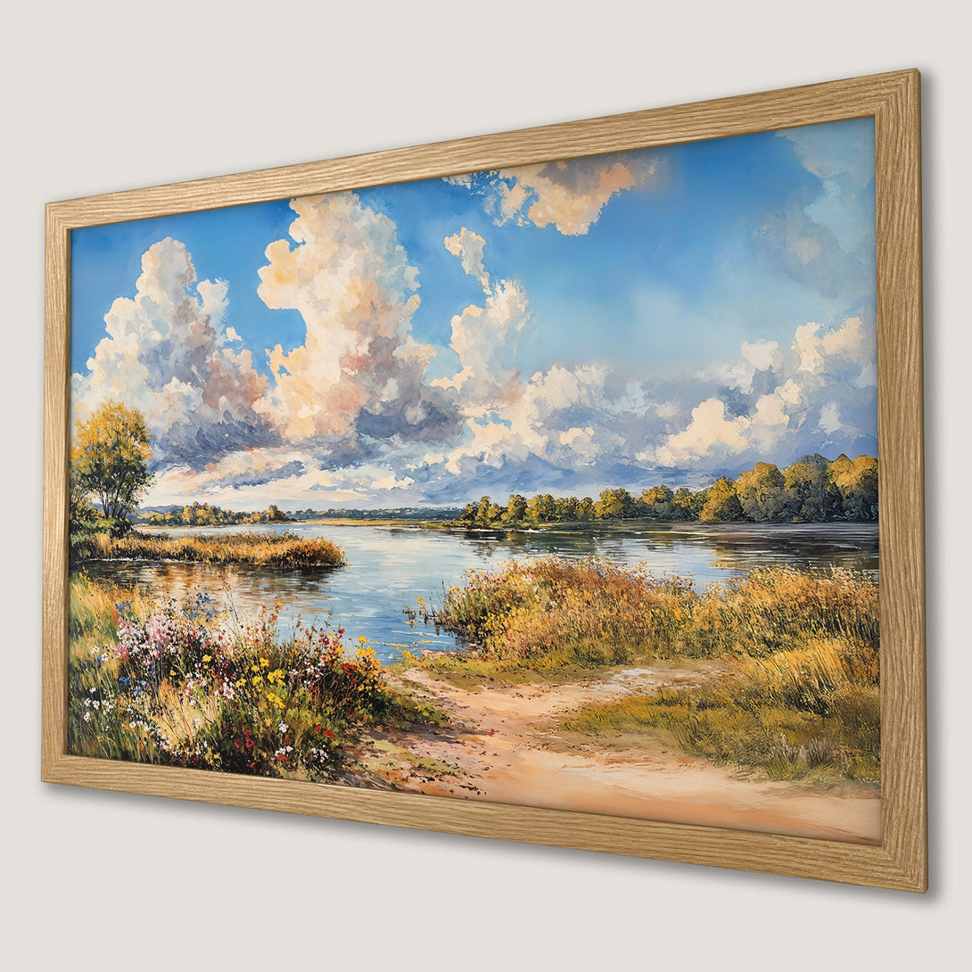 Framed Poster of a serene landscape painting with a blue sky, lake, and vibrant colors. Perfect wall art!