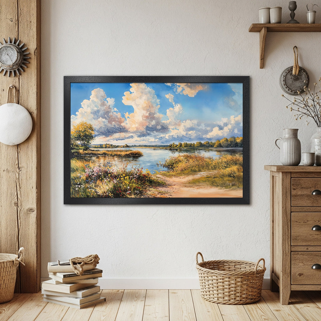 Framed Poster of a serene landscape painting. Features a blue sky, white clouds, and warm earth tones. Perfect wall art!