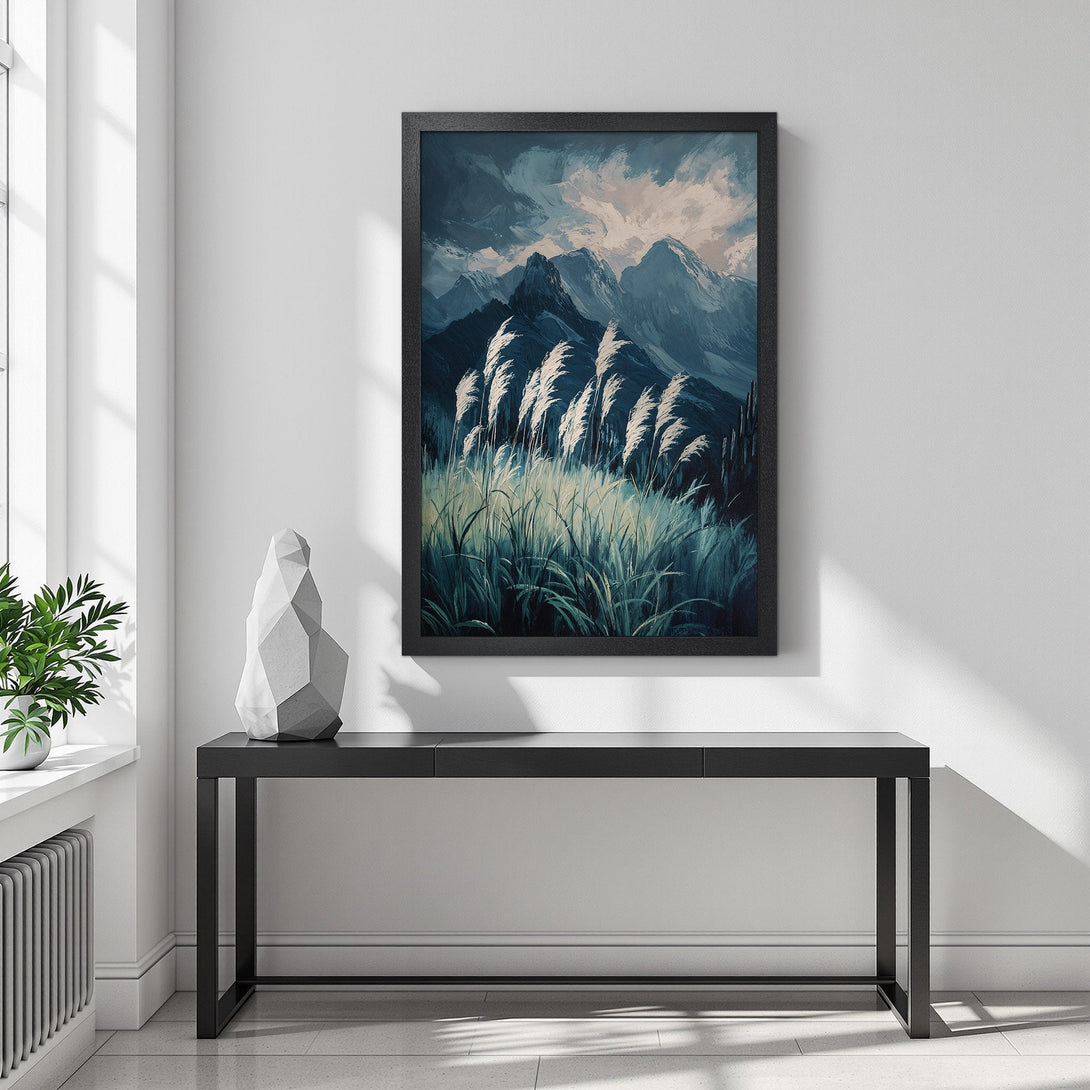 Framed Poster of a mountain landscape in a moody, painterly style. Featuring a cool blue and gray color palette, perfect for modern decor.