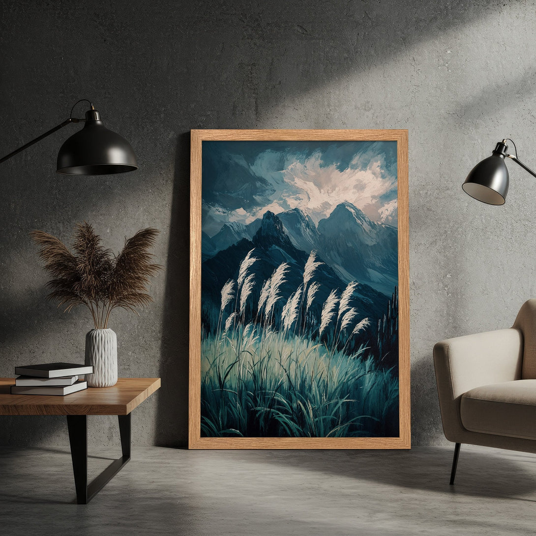 Framed Poster of a mountain landscape in a moody, painterly style with a cool blue and green color palette.
