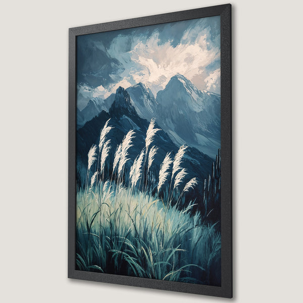 Framed Poster of a mountain landscape with tall grass. Artistic style, cool blue and white color palette. Perfect wall art.
