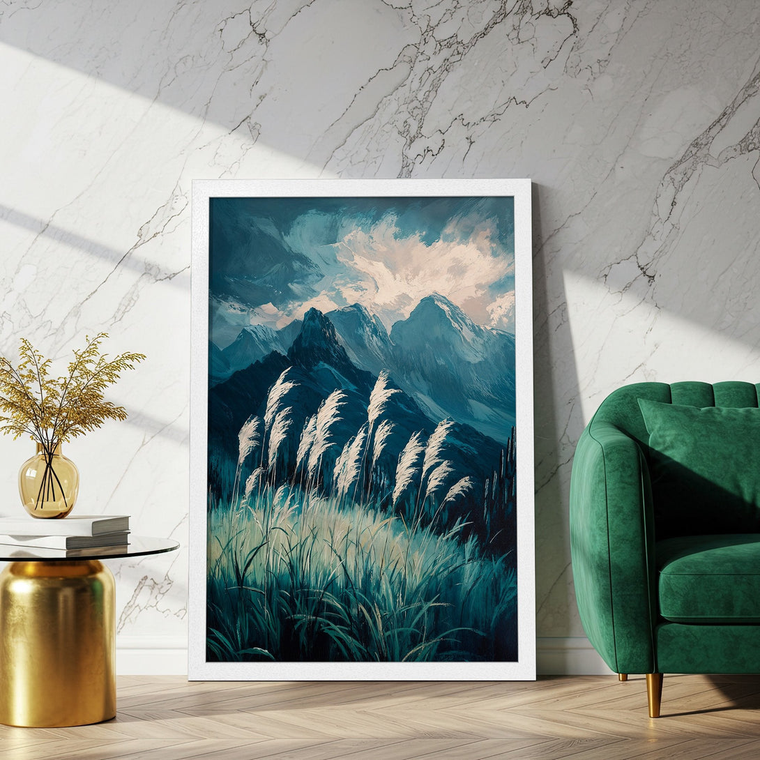 Framed Poster featuring a mountain landscape painting in a blue and white color palette. Perfect wall art for any home.
