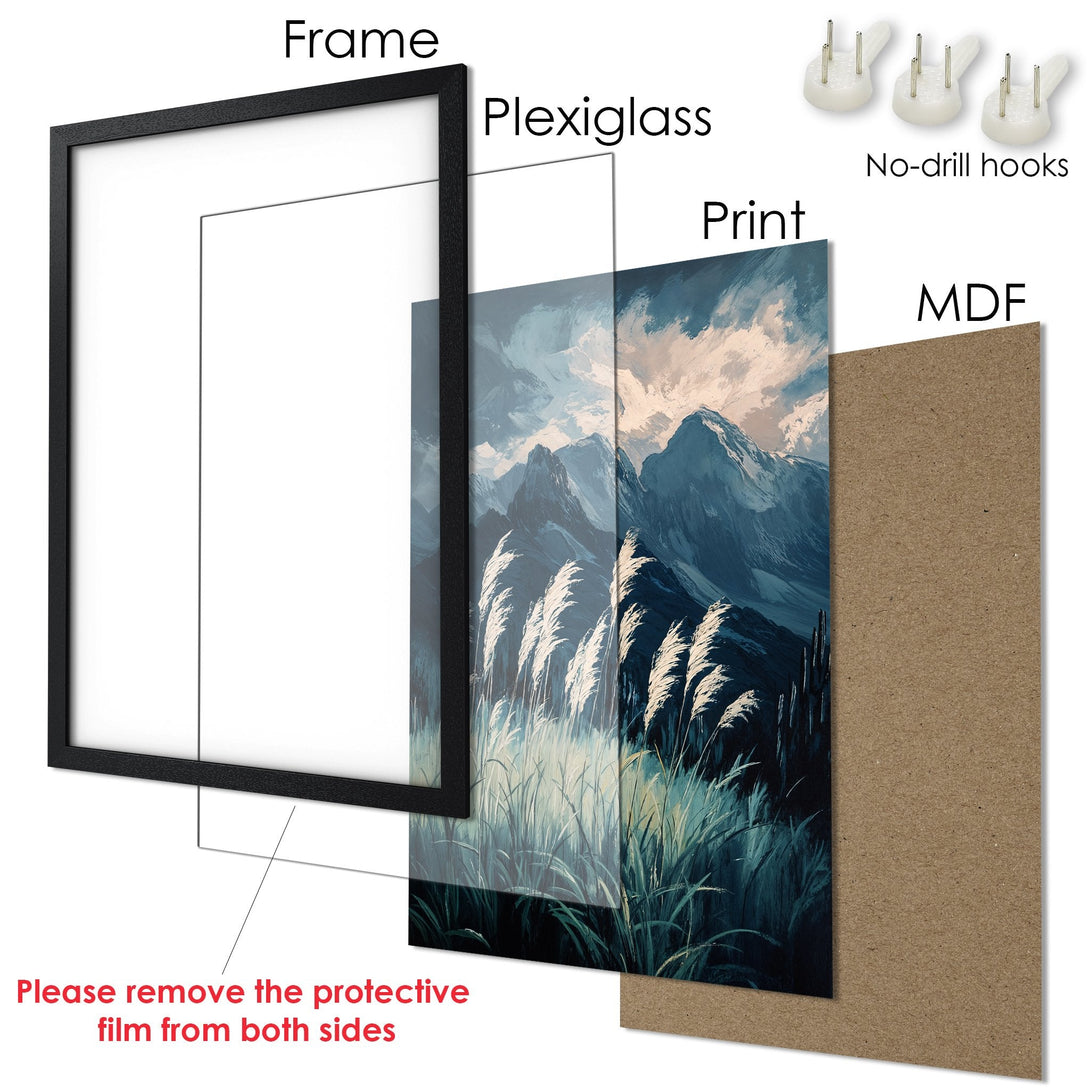 Framed Poster featuring a mountain landscape in a painterly style with a cool blue and green color palette. Ready to hang!
