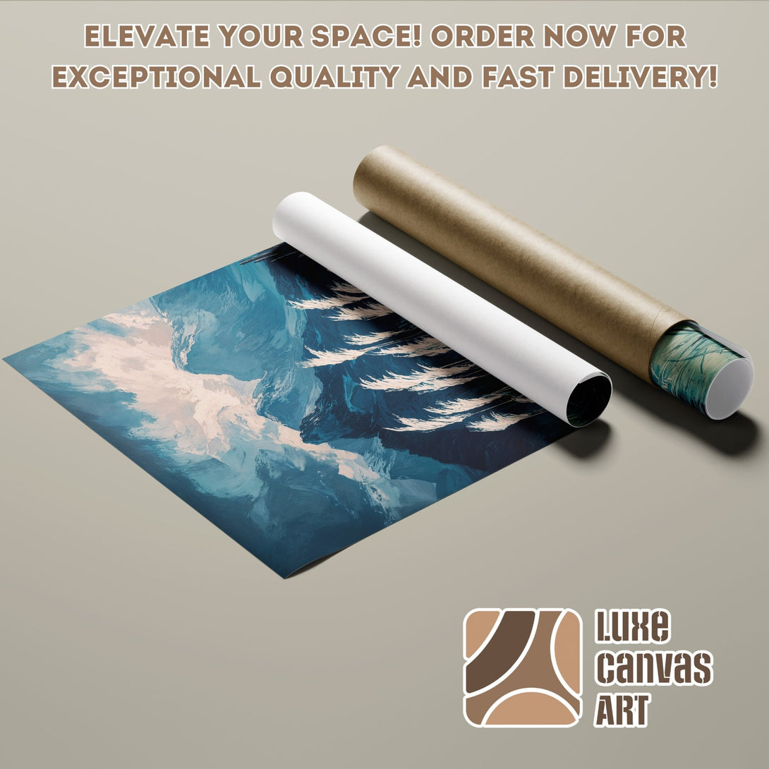 Poster Roll featuring an abstract blue and white art print. Modern style, cool color palette. Elevate your space with Luxe Canvas Art!