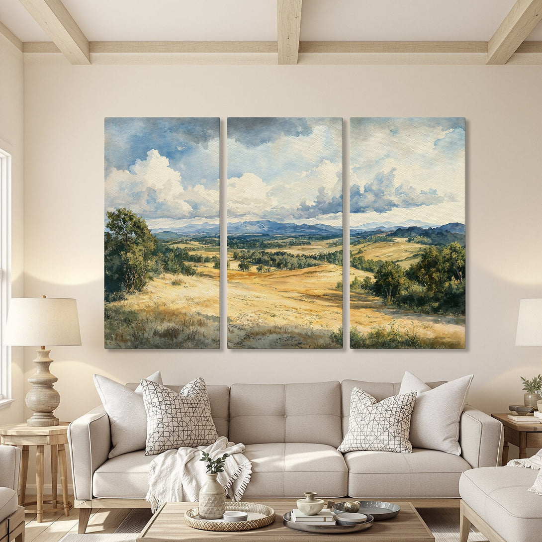 Canvas Print of a serene watercolor landscape painting with a blue sky and rolling hills in a warm, neutral color palette.