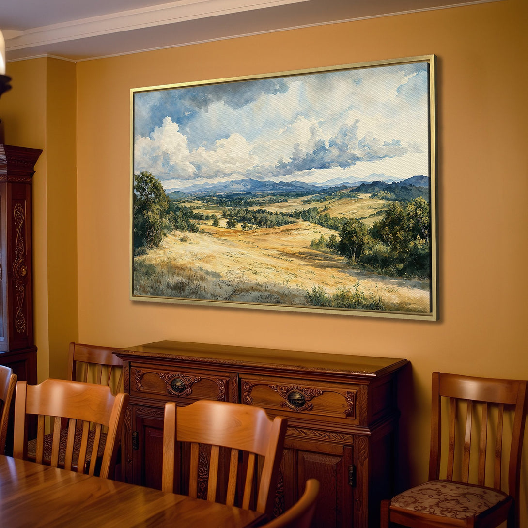 Canvas Print of a serene landscape painting in warm earth tones. Adds a touch of nature and tranquility to any room.