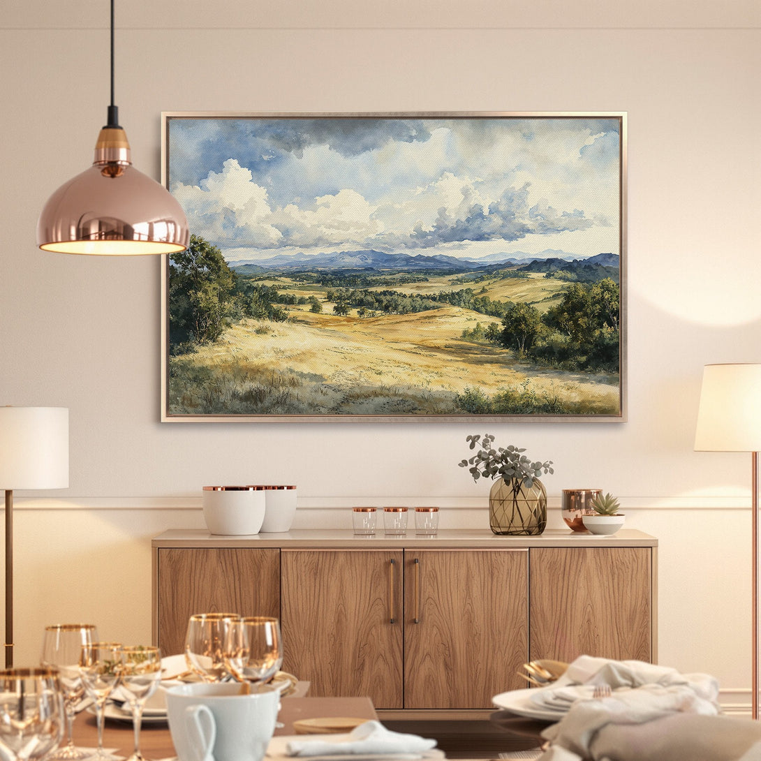 Framed Wall Art: Watercolor landscape Canvas Print with serene blue, green, and gold tones. Perfect for adding a touch of nature to your home decor.