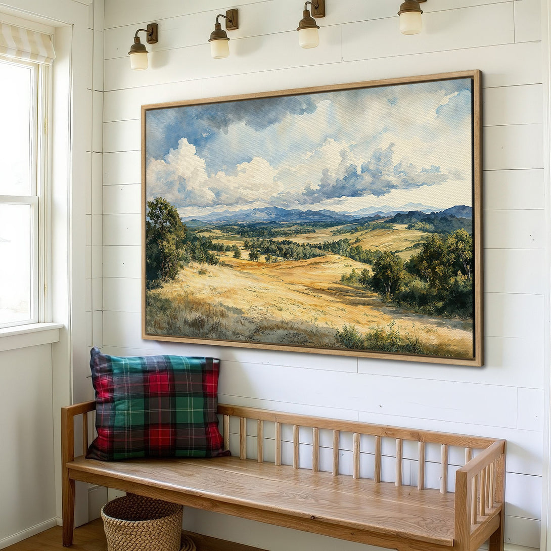 Framed Wall Art: Landscape canvas print in watercolor style, featuring a serene countryside scene with blue, green, and gold hues. Perfect for adding a touch of nature.