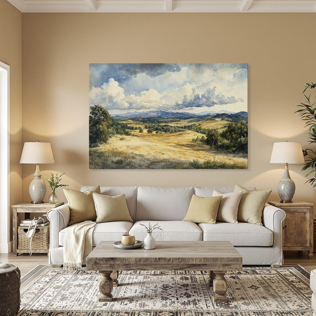 Framed Wall Art: Landscape Canvas Print with serene blue sky, gold and green tones, perfect for home decor.