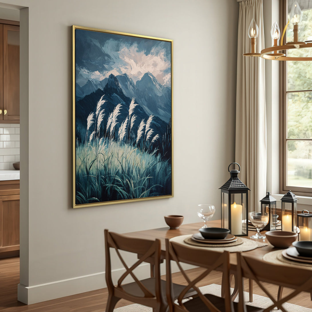 Canvas Print of a mountain landscape in cool blue and white tones, perfect for adding a touch of nature to your home decor.