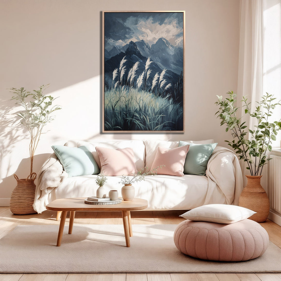 Framed Wall Art featuring a serene mountain landscape in a cool blue and gray palette, perfect for adding a touch of nature to your home decor.