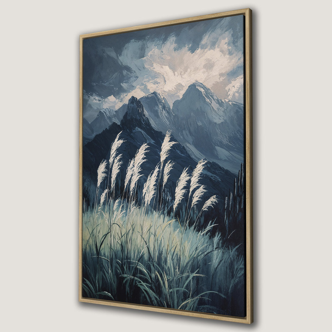 Framed Wall Art featuring a serene mountain landscape with tall grass, painted in cool blue and white tones. Perfect for adding a touch of nature to your space.