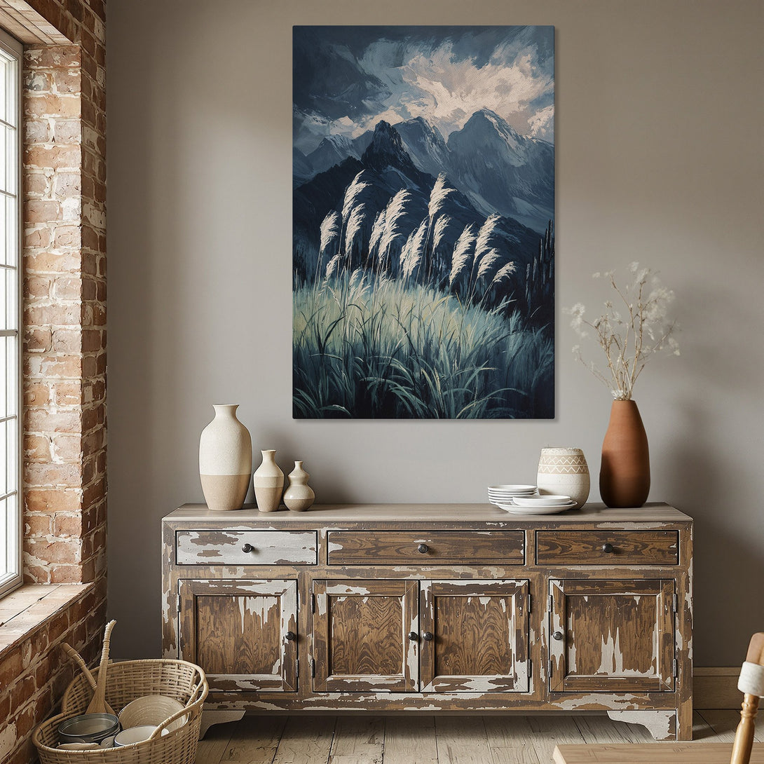Framed Wall Art: Abstract mountain landscape Canvas Print in blue and white. Modern art for your home decor, perfect for a dining room.