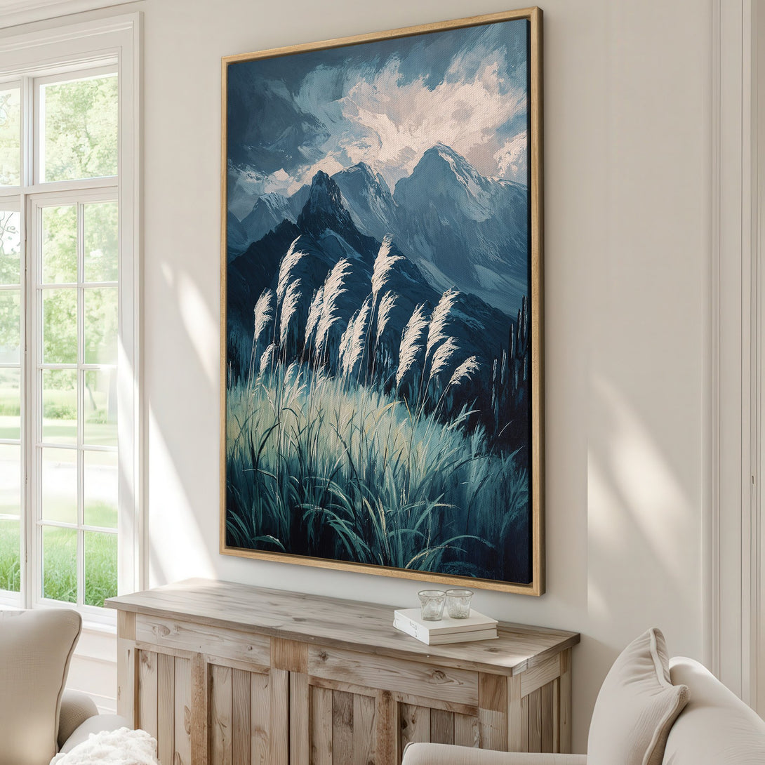 Framed Wall Art featuring a mountain landscape with tall grass, in a serene blue and white color palette, perfect for adding a touch of nature to your home.