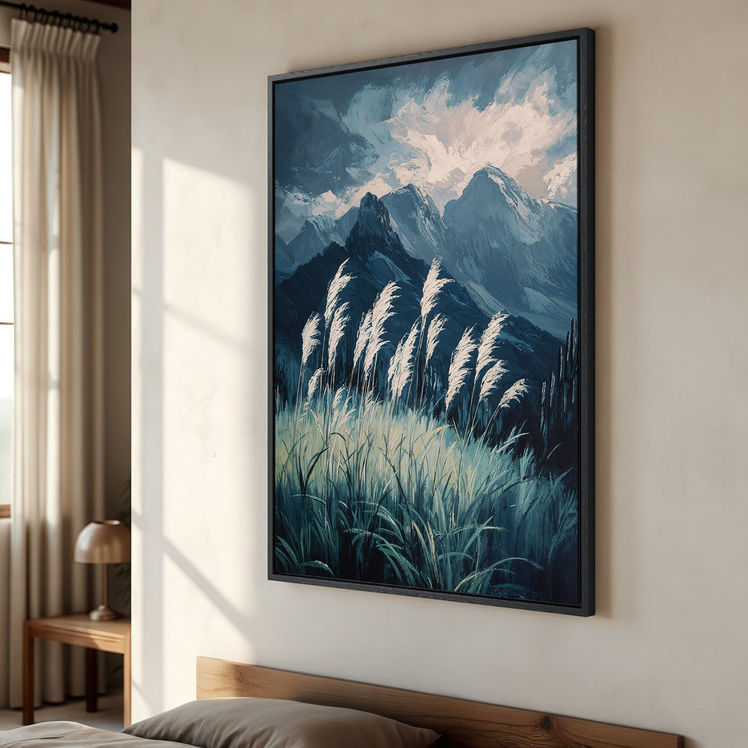 Framed Wall Art: Mountain landscape Canvas Print in cool blue and green tones, perfect for adding a touch of nature to your home decor.