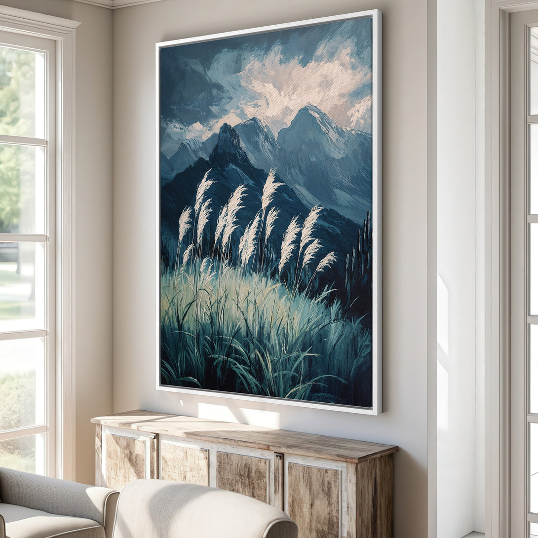Framed Wall Art: Mountain landscape Canvas Print in cool blue and white tones. Perfect for adding a touch of nature-inspired art to your home decor.