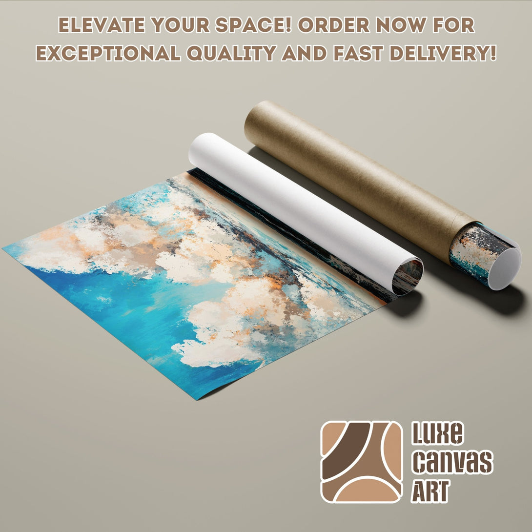 Abstract art Poster Roll featuring blue, white, and tan hues. Elevate your space with this stunning wall art!