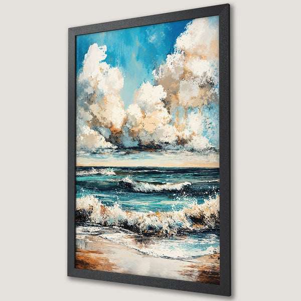 Framed Poster of a seascape with expressive brushstrokes, featuring ocean waves, clouds, and a blue, beige, and brown color palette.