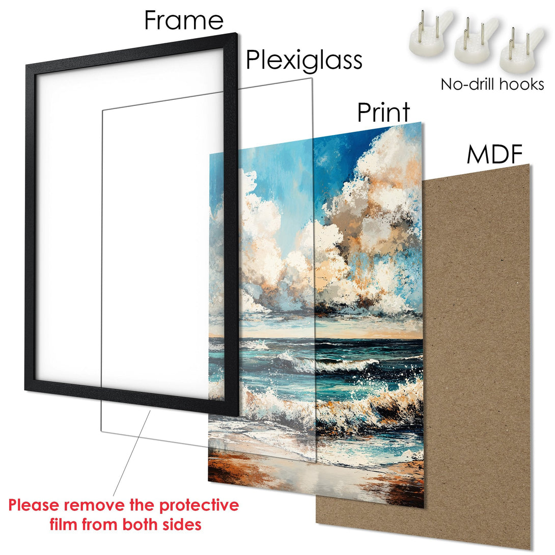 Framed Poster: Ocean waves art print. Blue, beige, and white color palette. Ready to hang wall art.