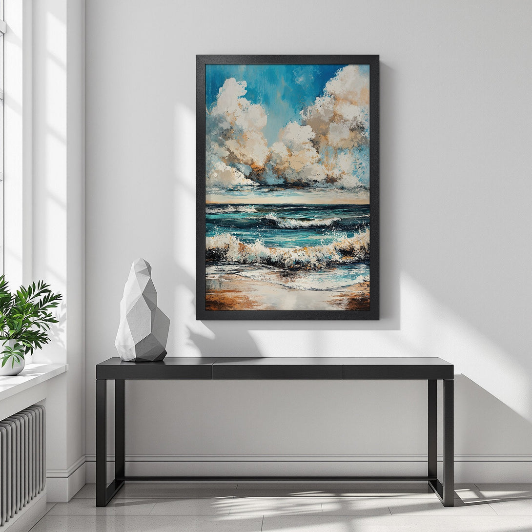 Framed Poster of ocean waves with blue, white, and tan color palette. Coastal art print for home decor.