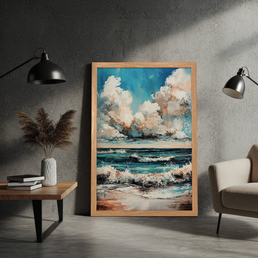 Framed Poster of a seascape painting. Features ocean waves, sky, and clouds in a blue, white, and tan color palette. Perfect wall art!