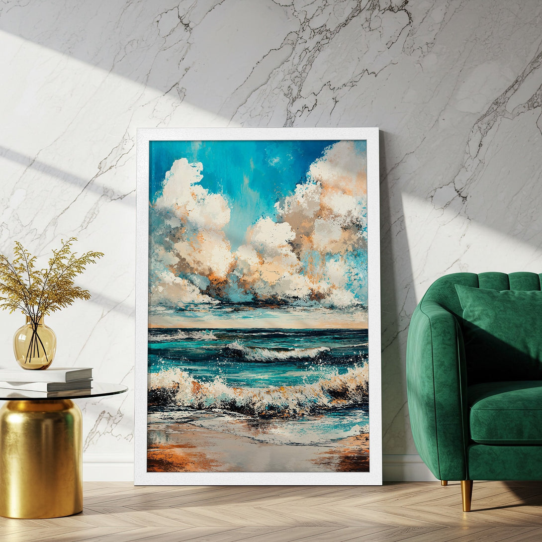 Framed Poster of ocean waves art, featuring blue, teal, and orange hues. Coastal wall art for a serene home.