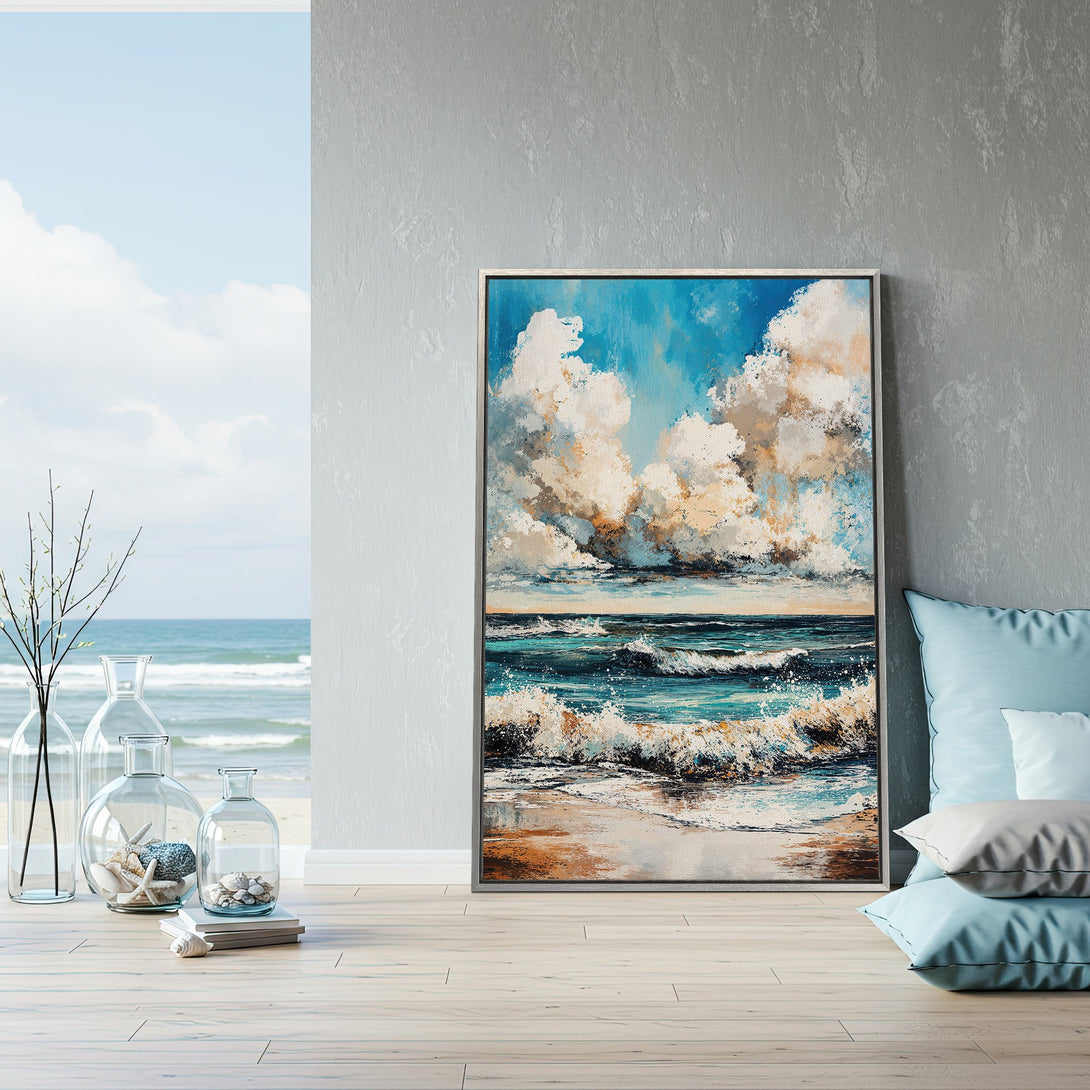 Framed Wall Art: Coastal abstract painting with blue, white, and gold tones. Bring the ocean's beauty indoors with this stunning canvas print.