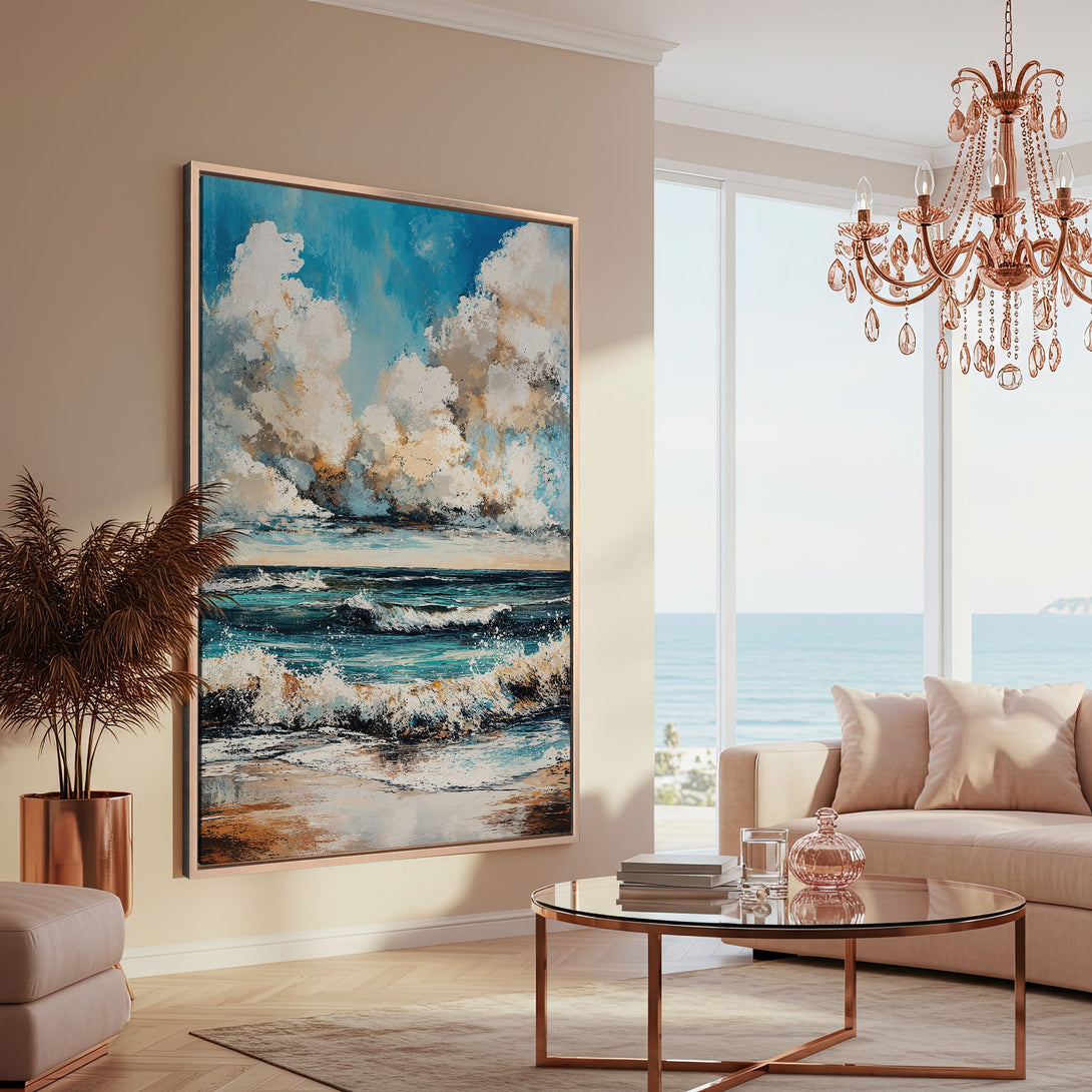 Framed Wall Art: Coastal scene canvas print in a modern interior. Featuring ocean waves with blue, white, and gold tones. Perfect for adding a touch of serenity.