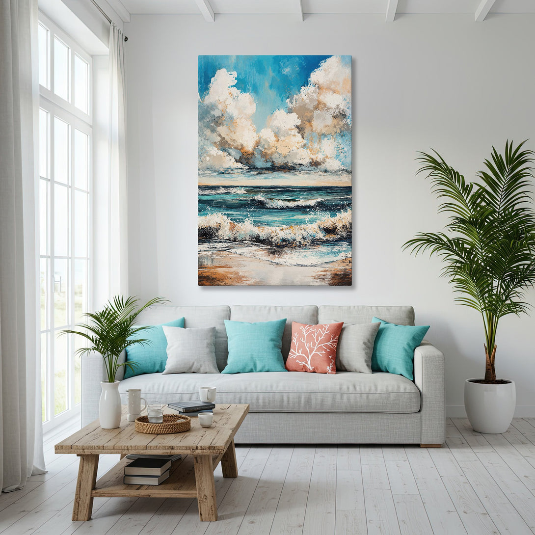 Framed Wall Art: Coastal scene Canvas Print with ocean waves in blue, white, and gold. Perfect for beach house decor and adding a touch of serenity.