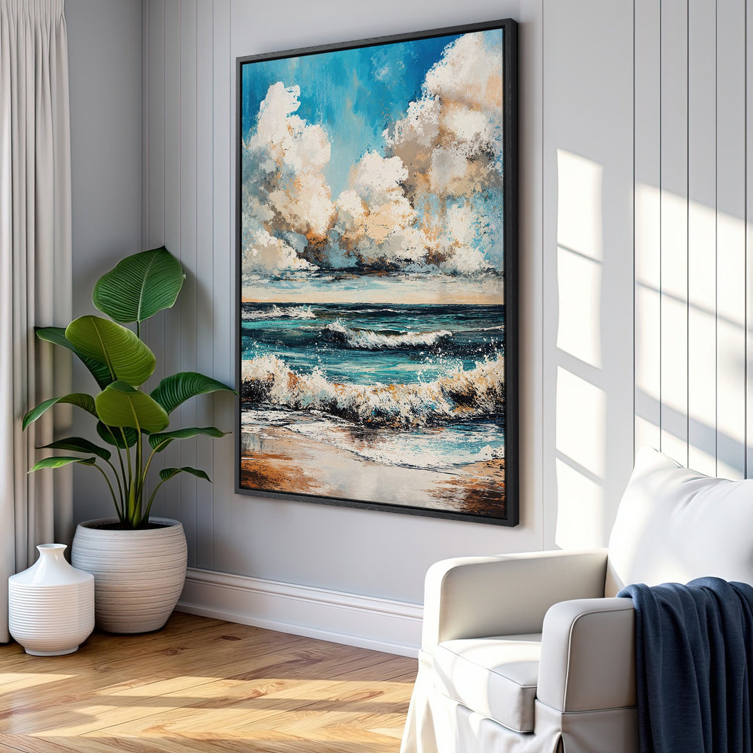 Framed Wall Art: Coastal scene Canvas Print with ocean waves & sky. Blue, white, & tan color palette. Perfect for adding a touch of serenity to your home.