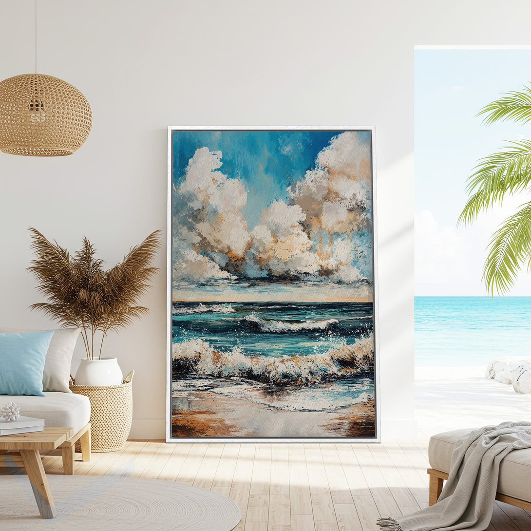 Framed Wall Art: Coastal abstract painting in blue, white, and brown tones. Beach scene canvas print adds a touch of serenity to any interior.