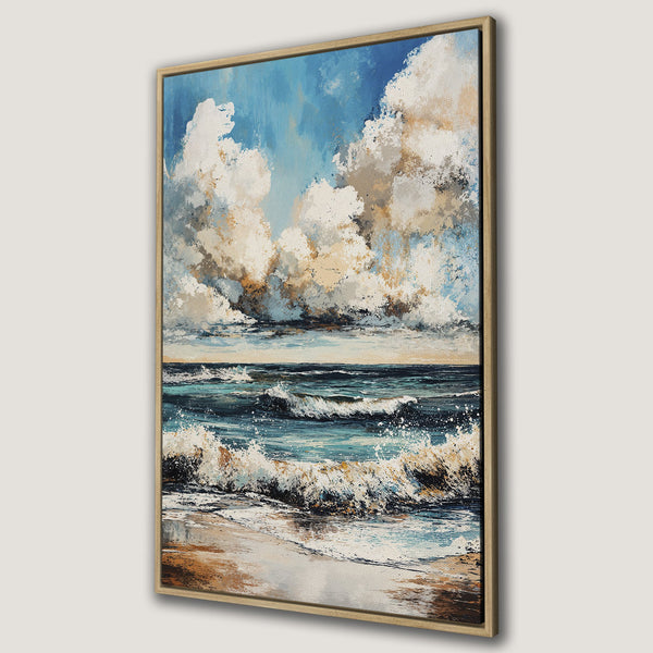 Framed Wall Art Canvas Print of a seascape with dramatic waves, clouds, and a blue, white, and tan color palette. Perfect for coastal decor.
