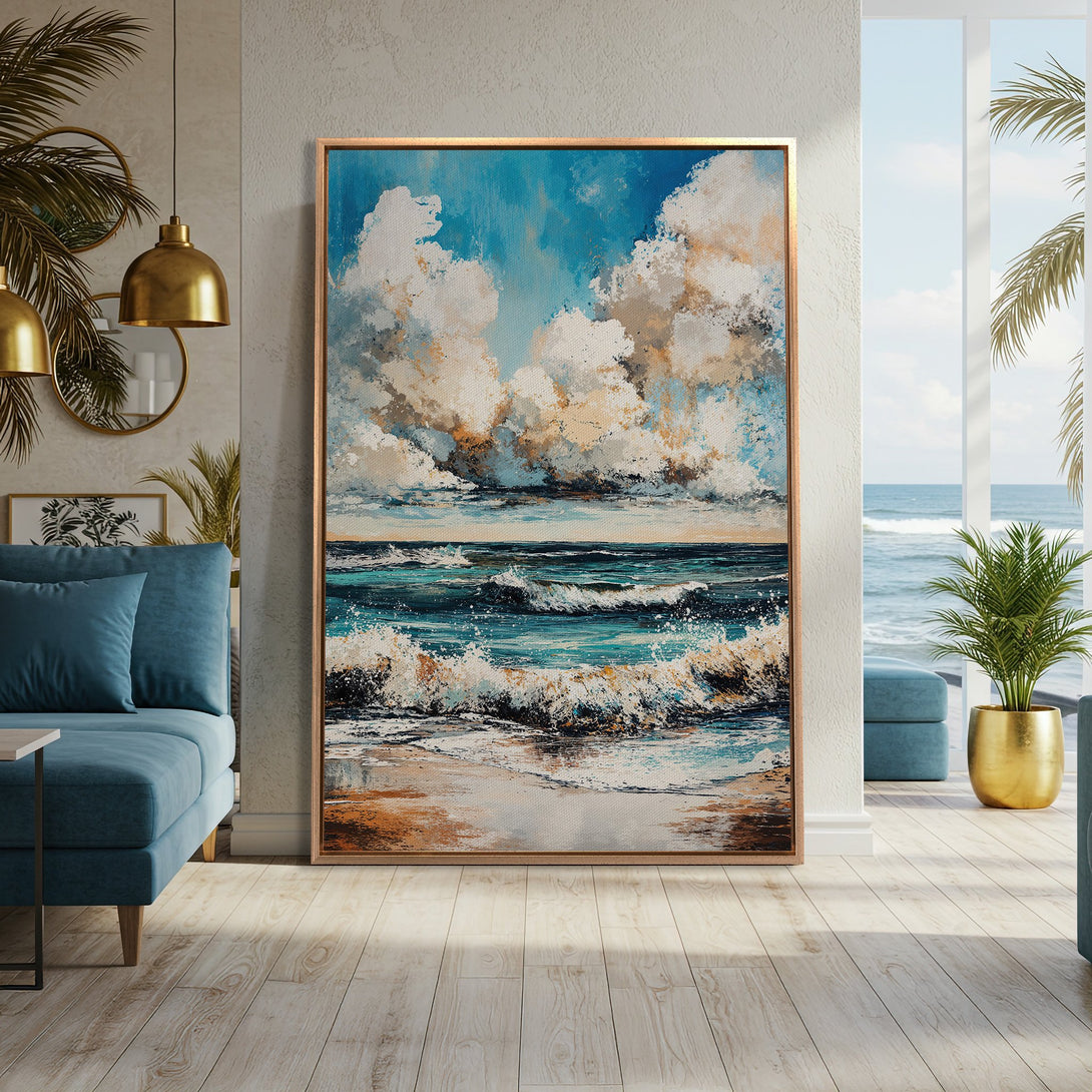 Framed Wall Art: Ocean waves painting in a coastal interior. Blue, white, and gold color palette. Perfect for adding a touch of serenity to your home.