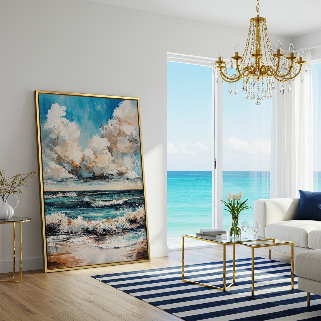 Canvas Print: Ocean waves art in blue & beige tones. Coastal wall art for a serene living room. Add a touch of the beach to your home decor!