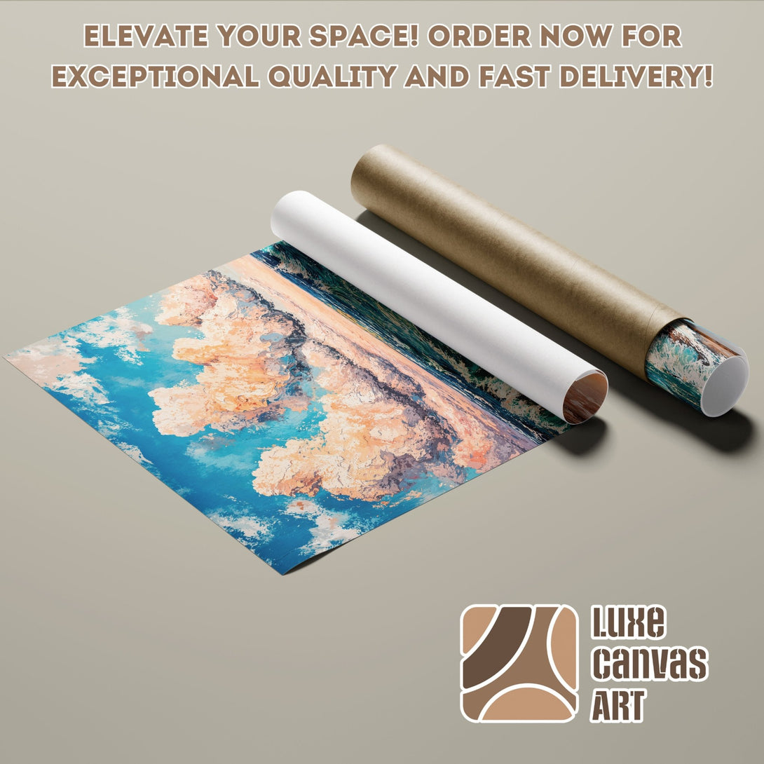 Abstract landscape Poster Roll art print, featuring blue, orange, and neutral color palette. Elevate your space with Luxe Canvas Art!
