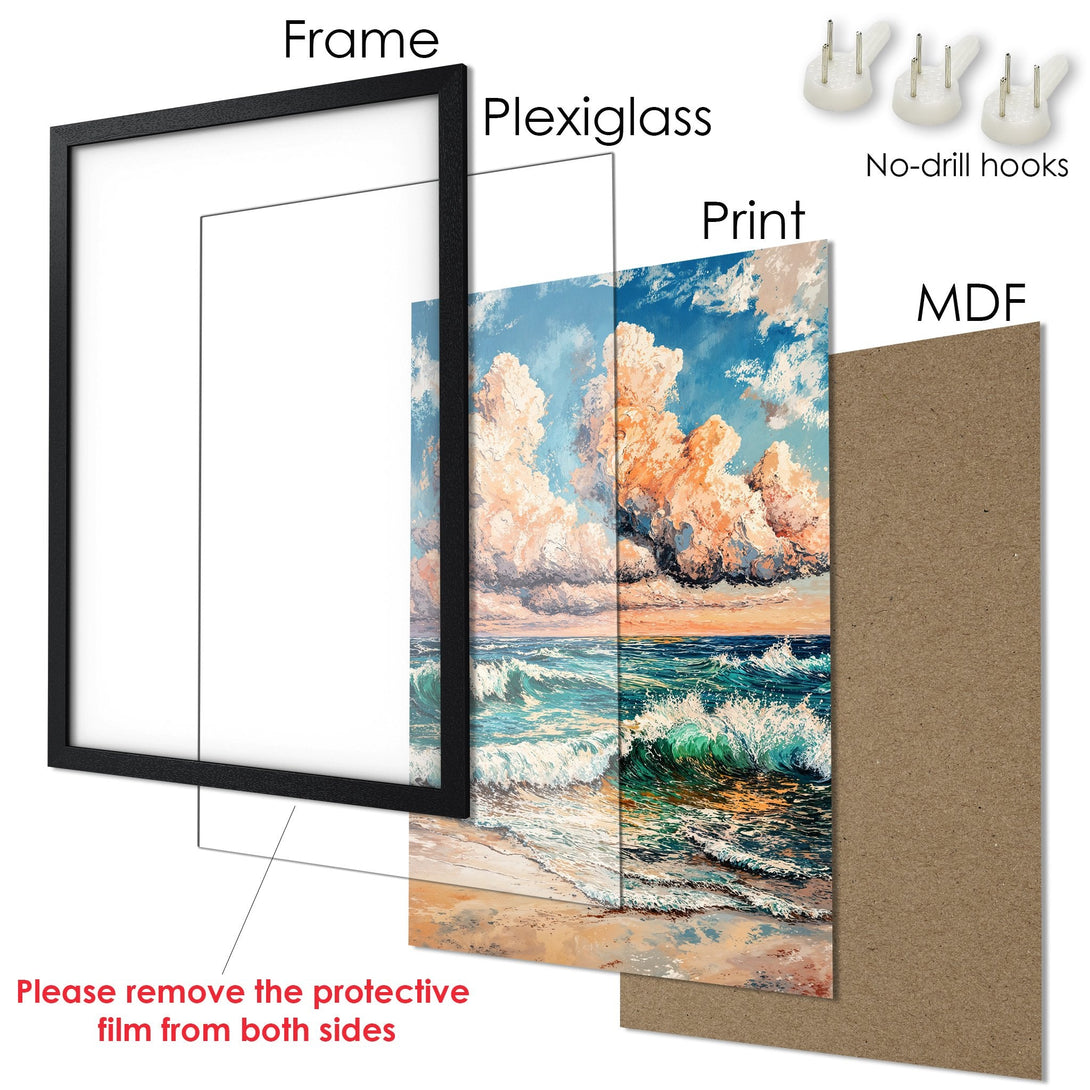 Framed Poster featuring a vibrant seascape painting with blue, orange, and green hues. Perfect wall art to bring the beach to your home.
