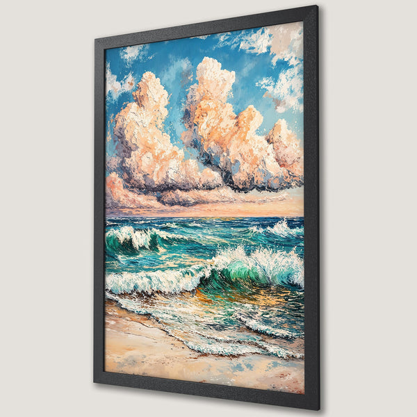 Framed Poster of a vibrant ocean scene with dramatic clouds, in a painterly style. Featuring blues, greens, and warm orange tones.