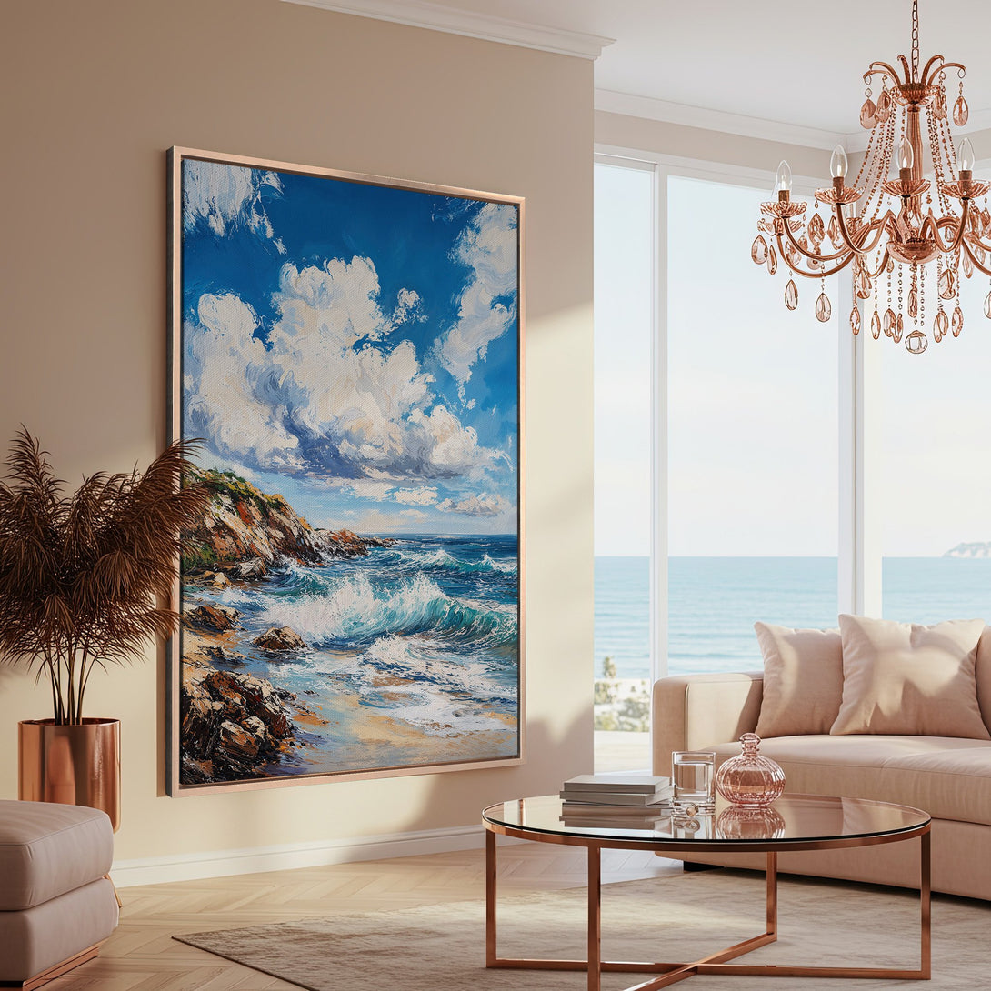 Framed Wall Art: Coastal landscape painting in blue and white, displayed in a modern living room. Adds a touch of serenity with a warm, neutral color palette.