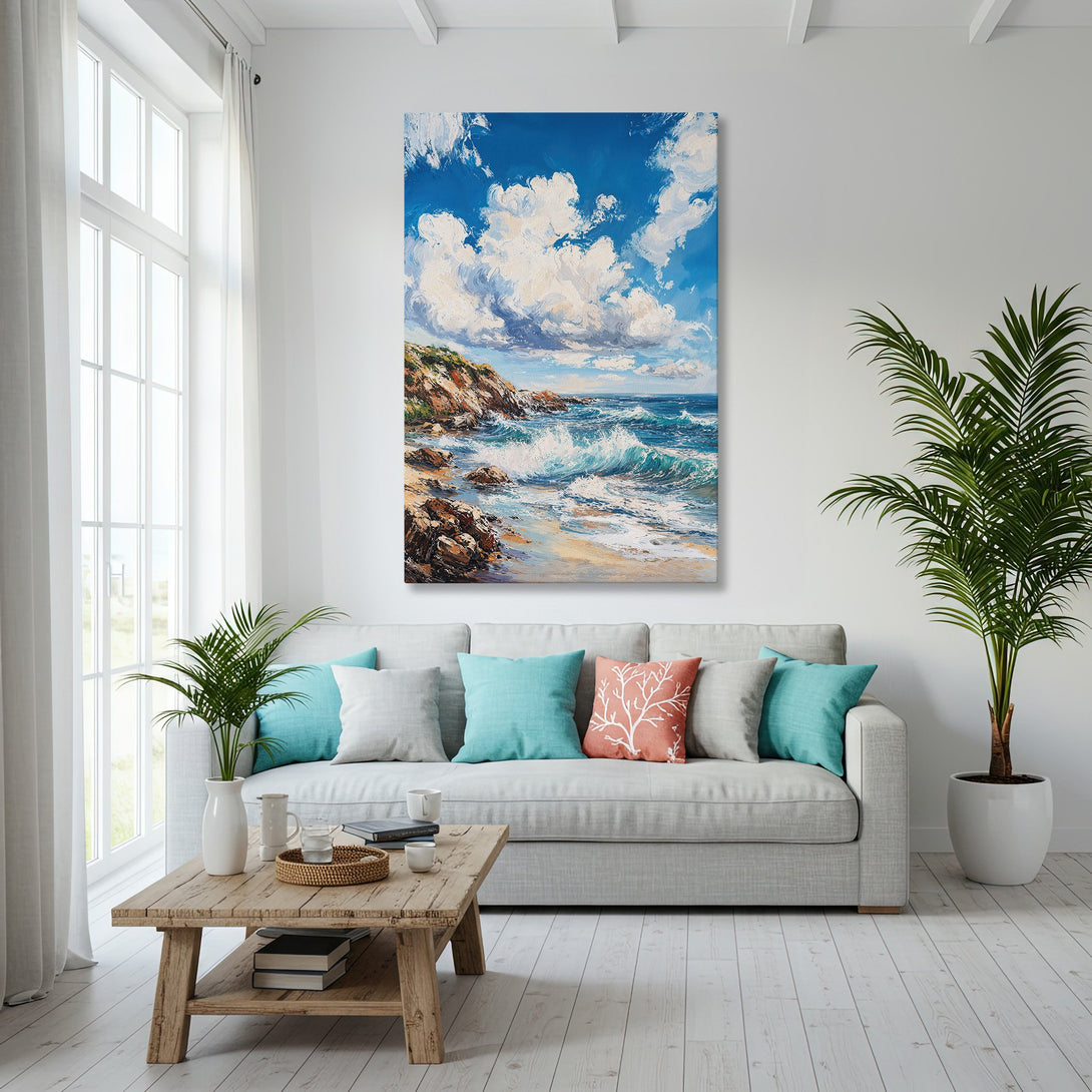 Framed Wall Art: Coastal seascape canvas print in a gold frame, showcasing blue, white, and beige tones, perfect for adding a touch of elegance to your home.